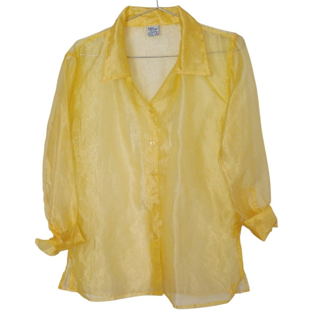 Vintage Erika Brooke Womens Yellow Sheer Shimmer Button Down Blouse Size S - Picture 2 of 9